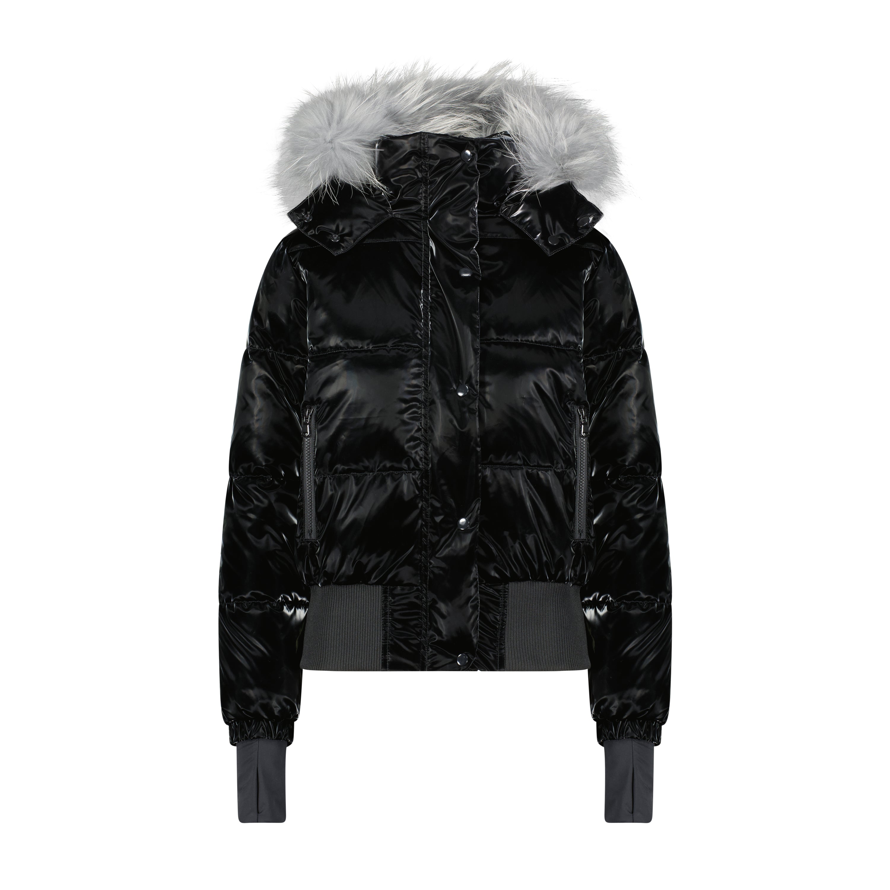 The Buffalo Slate black bomber jacket featuring sleek silver fur and a luxurious white raccoon fur hood, designed for urban fashion.