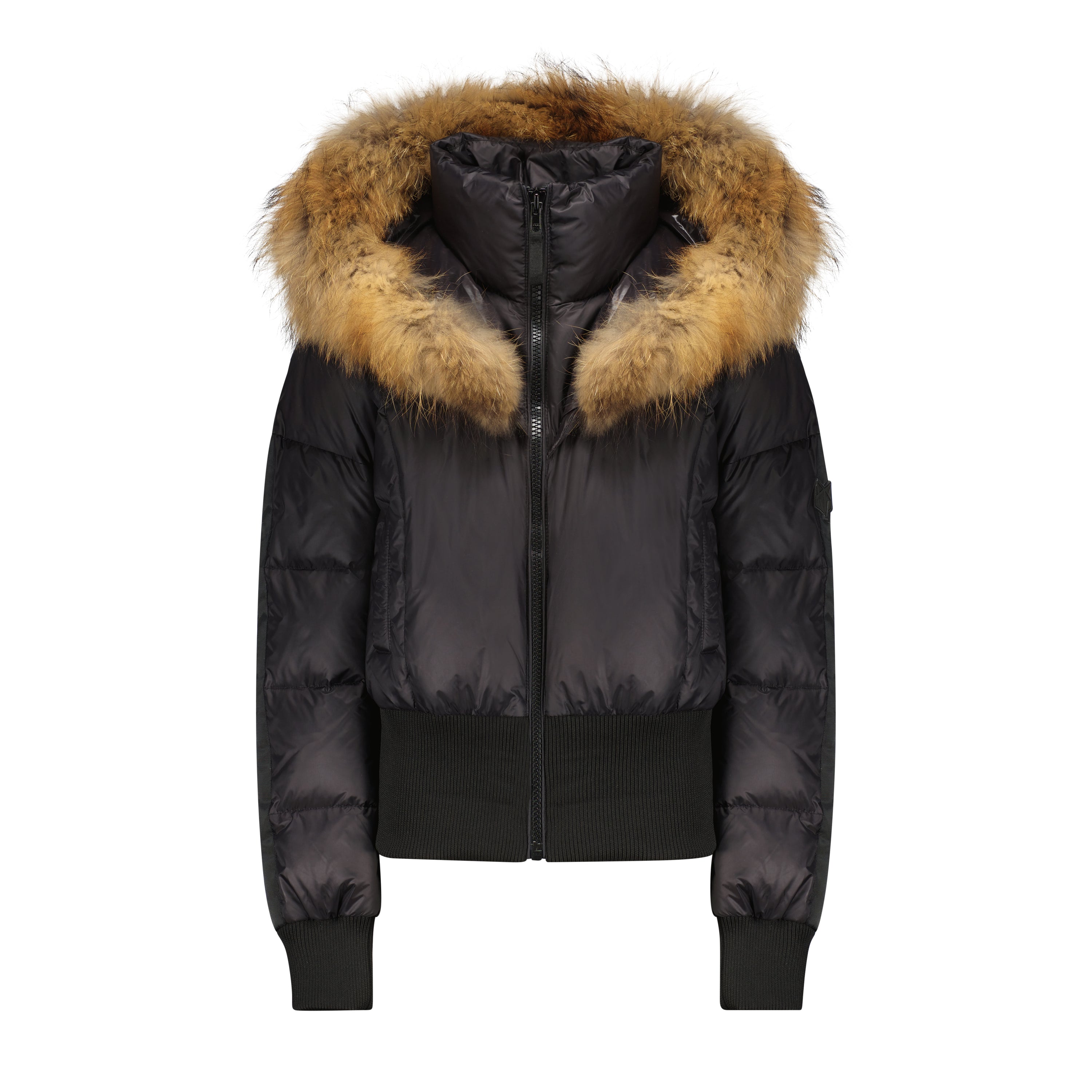 The Penelope coat featuring plush raccoon fur accents, a fitted bomber style, and a secure black YKK zipper, perfect for winter elegance.