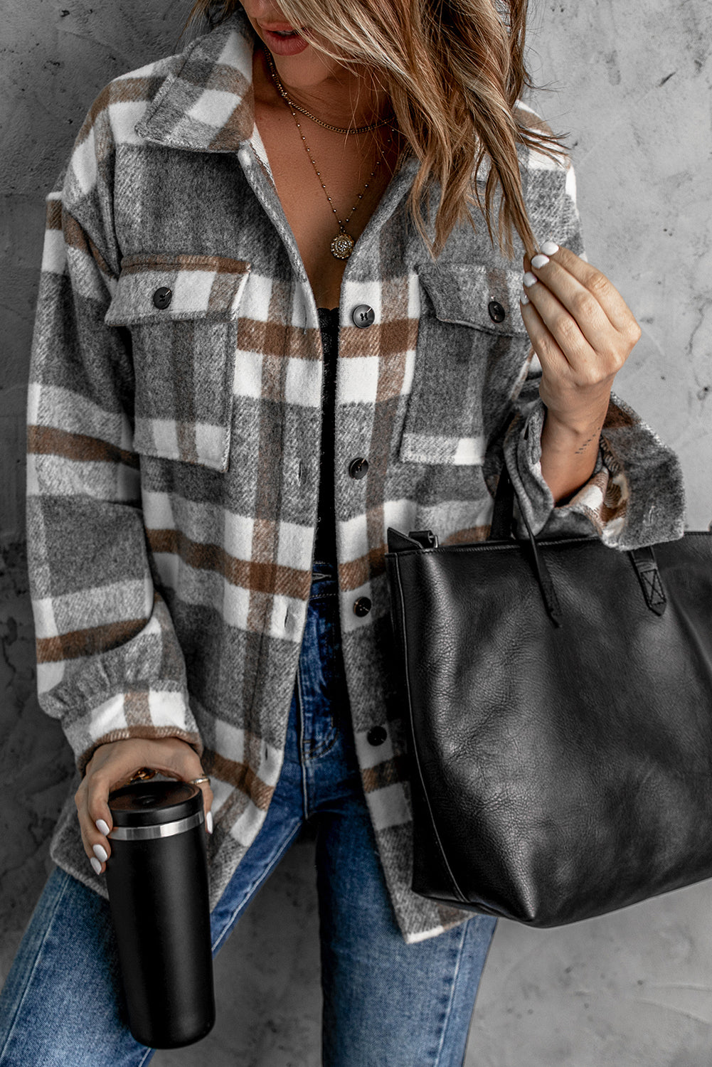 Winter Brown Plaid Shacket featuring a classic plaid pattern, button closure, and flap pockets, perfect for casual winter wear.