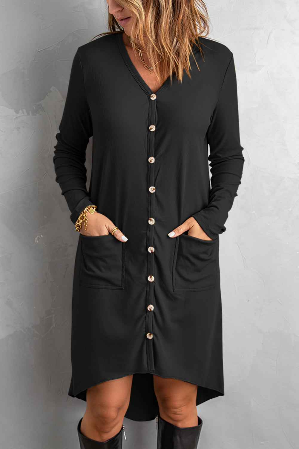 Women's Black Selected Button Down Pocketed Knit High Low Long cardigan featuring full sleeves, button closure, and side pockets.