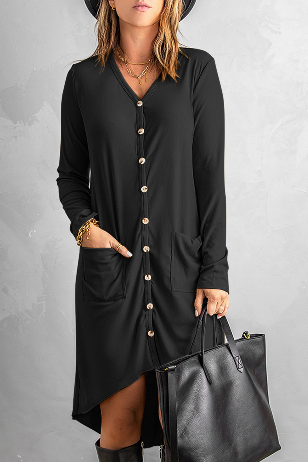Women's Black Selected Button Down Pocketed Knit High Low Long cardigan featuring full sleeves, button closure, and side pockets.