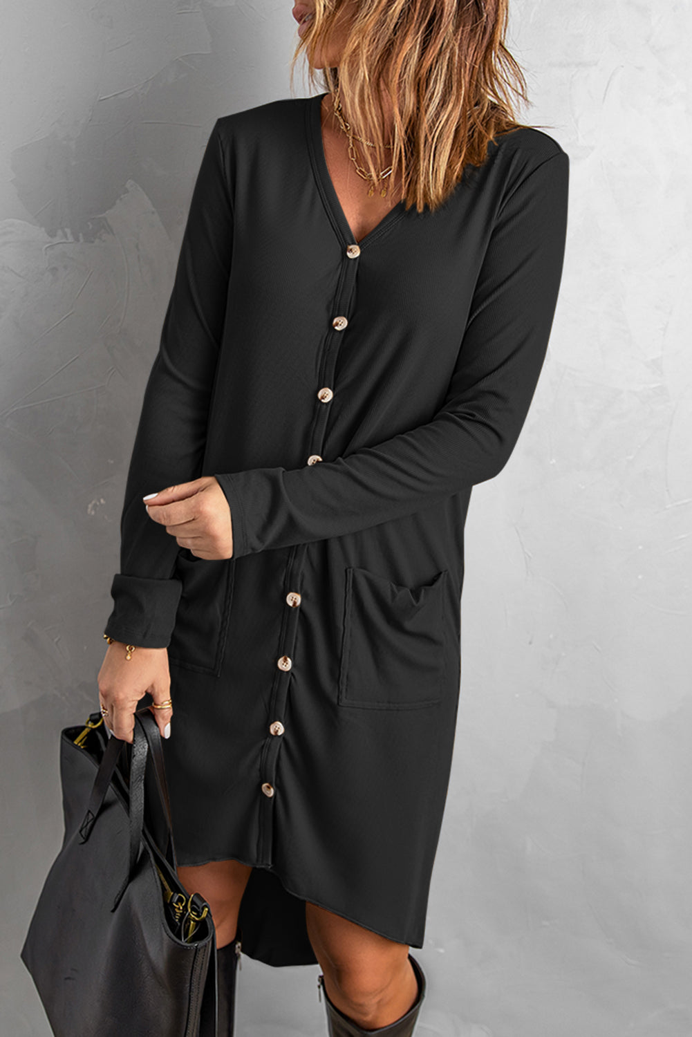 Women's Black Selected Button Down Pocketed Knit High Low Long cardigan featuring full sleeves, button closure, and side pockets.