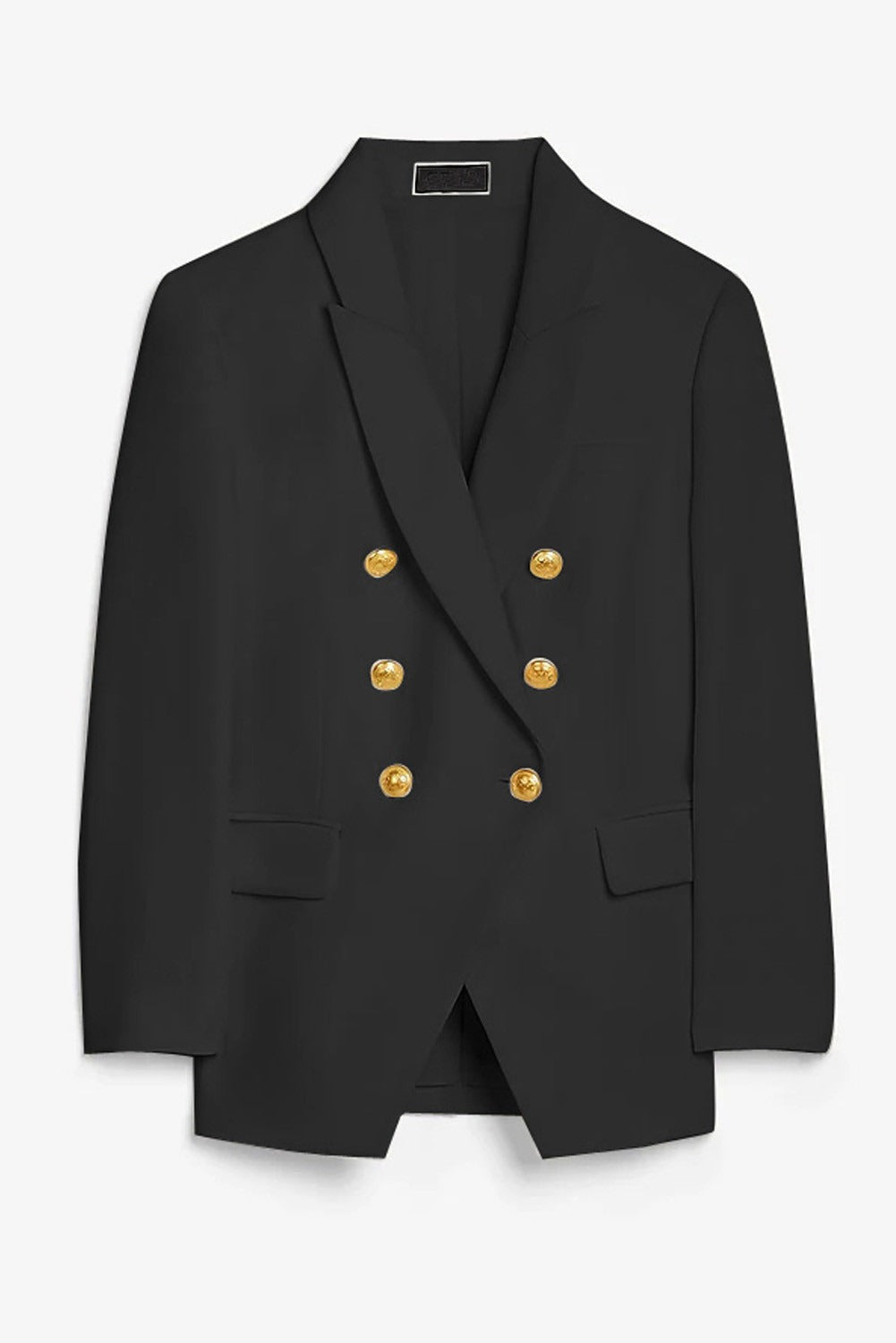 Women's Elegant Black 3/4 Sleeve Double Breasted Blazer with vintage buttons and tailored collar, perfect for formal occasions.