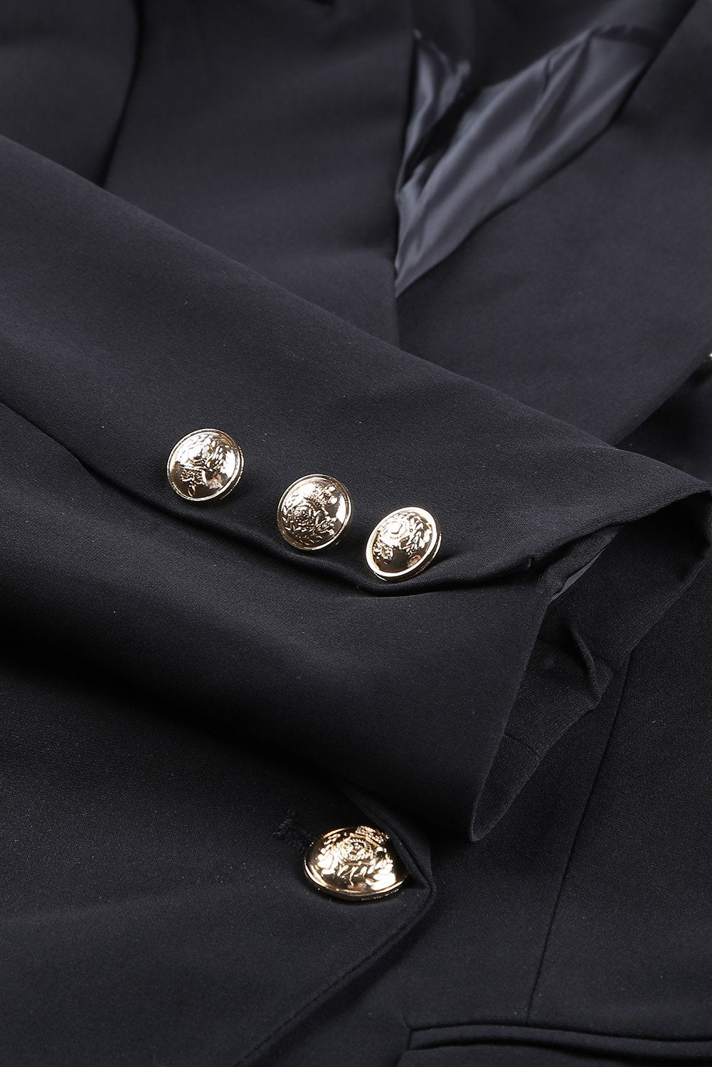 Women's Elegant Black 3/4 Sleeve Double Breasted Blazer with vintage buttons and tailored collar, perfect for formal occasions.