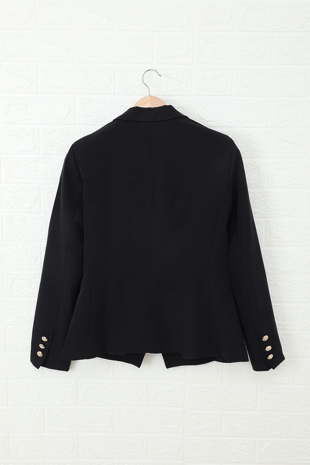 Women's Elegant Black 3/4 Sleeve Double Breasted Blazer with vintage buttons and tailored collar, perfect for formal occasions.