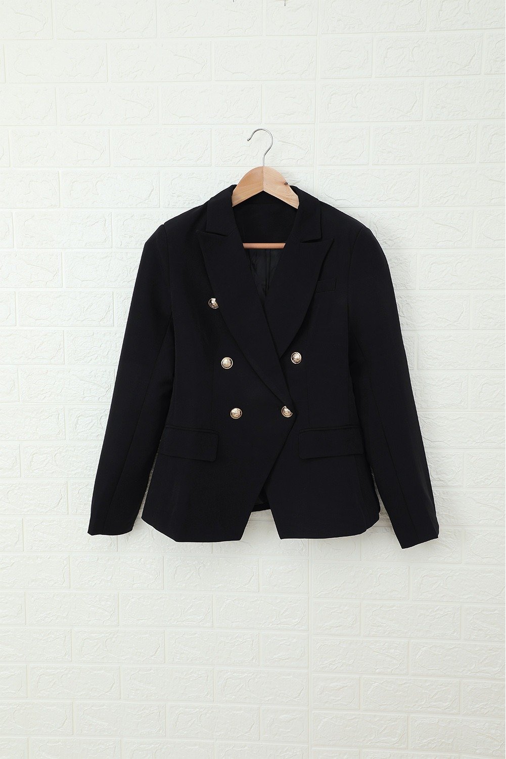 Women's Elegant Black 3/4 Sleeve Double Breasted Blazer with vintage buttons and tailored collar, perfect for formal occasions.