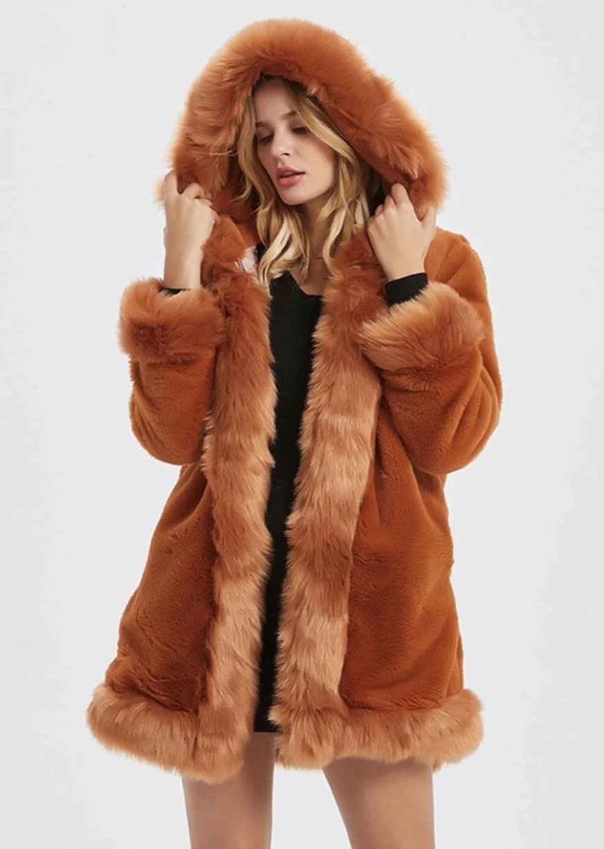 Womens Hooded Faux Fur Collar Coat in various colors, showcasing its stylish design and cozy faux fur collar.