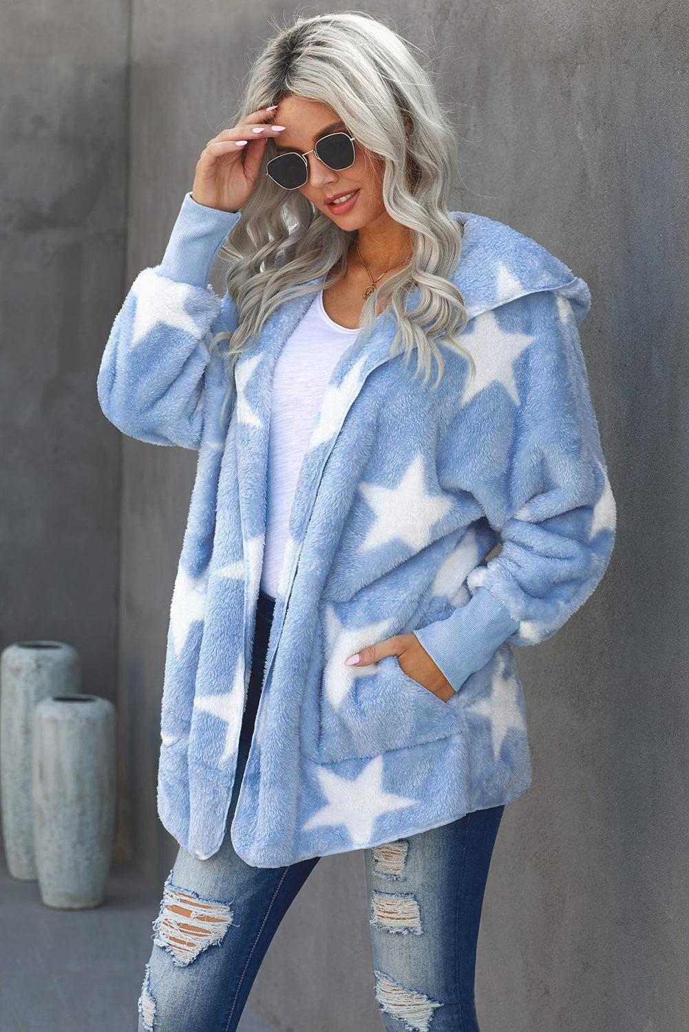Women’s Sky Blue Lapel Collar Scatter Star Fuzzy Coat featuring a soft fuzzy texture, elegant lapel collar, and scattered star print design.