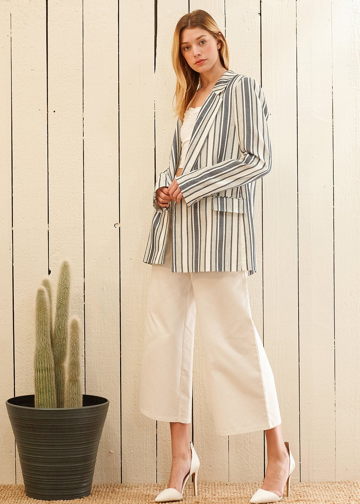 Women's Blue White Stripe Blazer featuring double-breasted design, faux flap pockets, and padded shoulders, made from stripe tweed with Lurex.