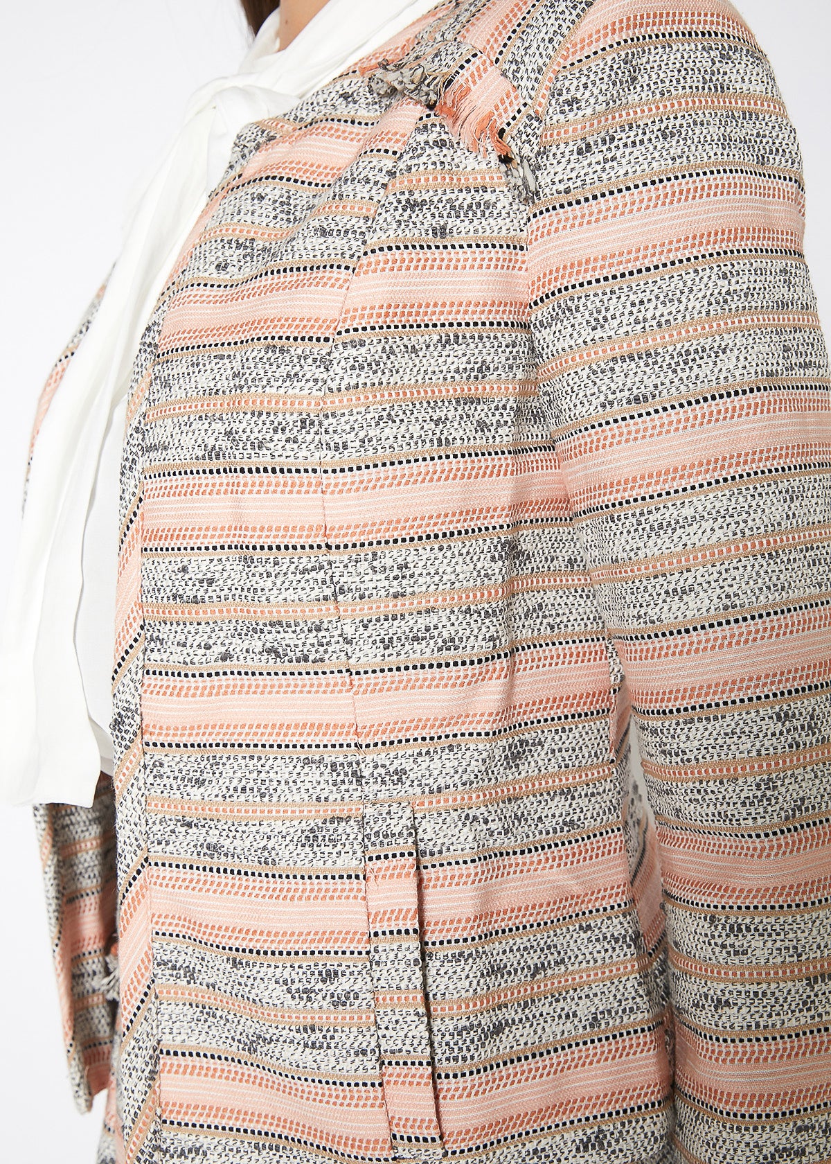 Women's Striped Open Front Tweed Blazer in Bittersweet with frayed hems, showcasing a stylish and chic design.