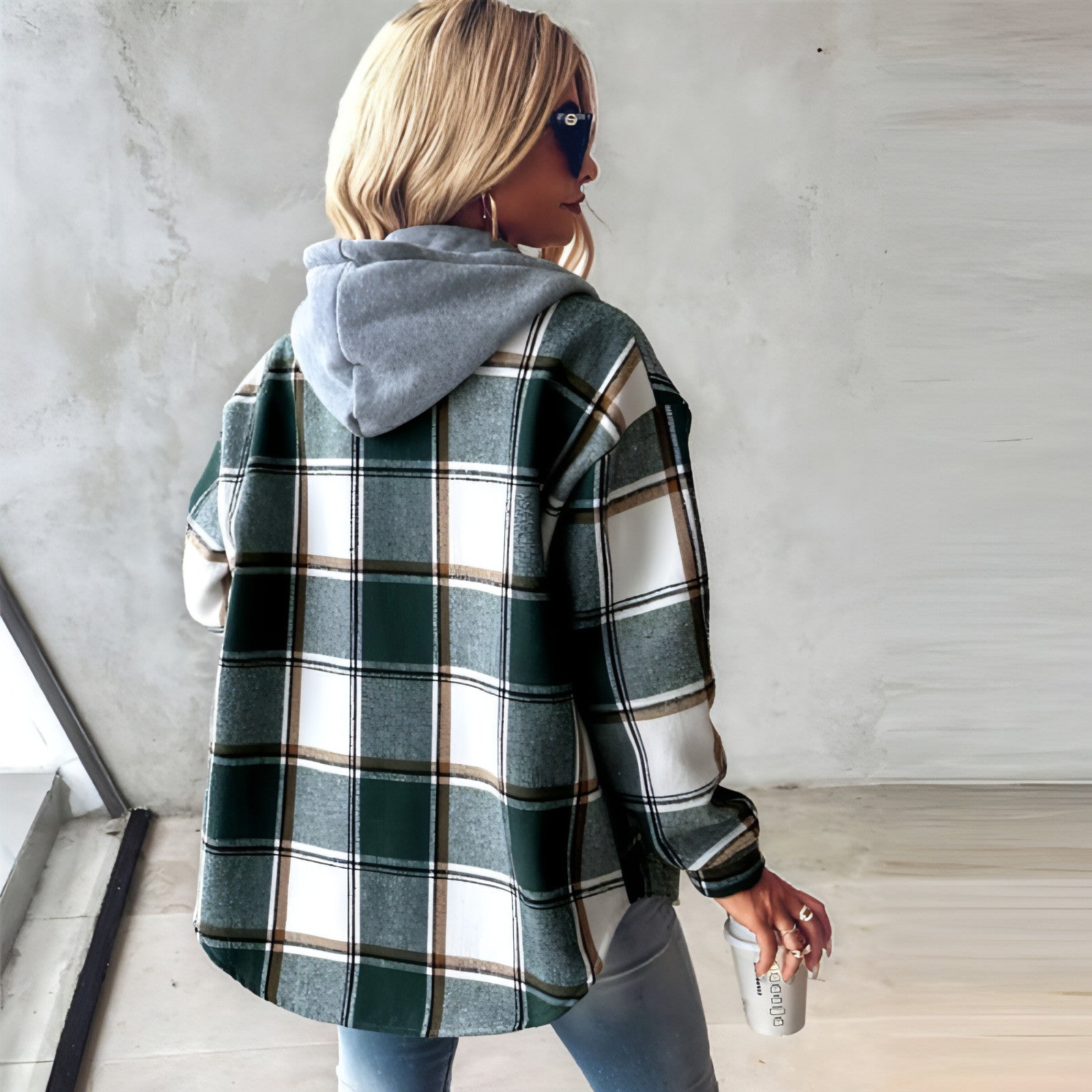 A stylish Women's Wear Solid Color Plaid Hooded Jacket featuring a trendy hood and eye-catching plaid pattern, perfect for casual and outdoor wear.