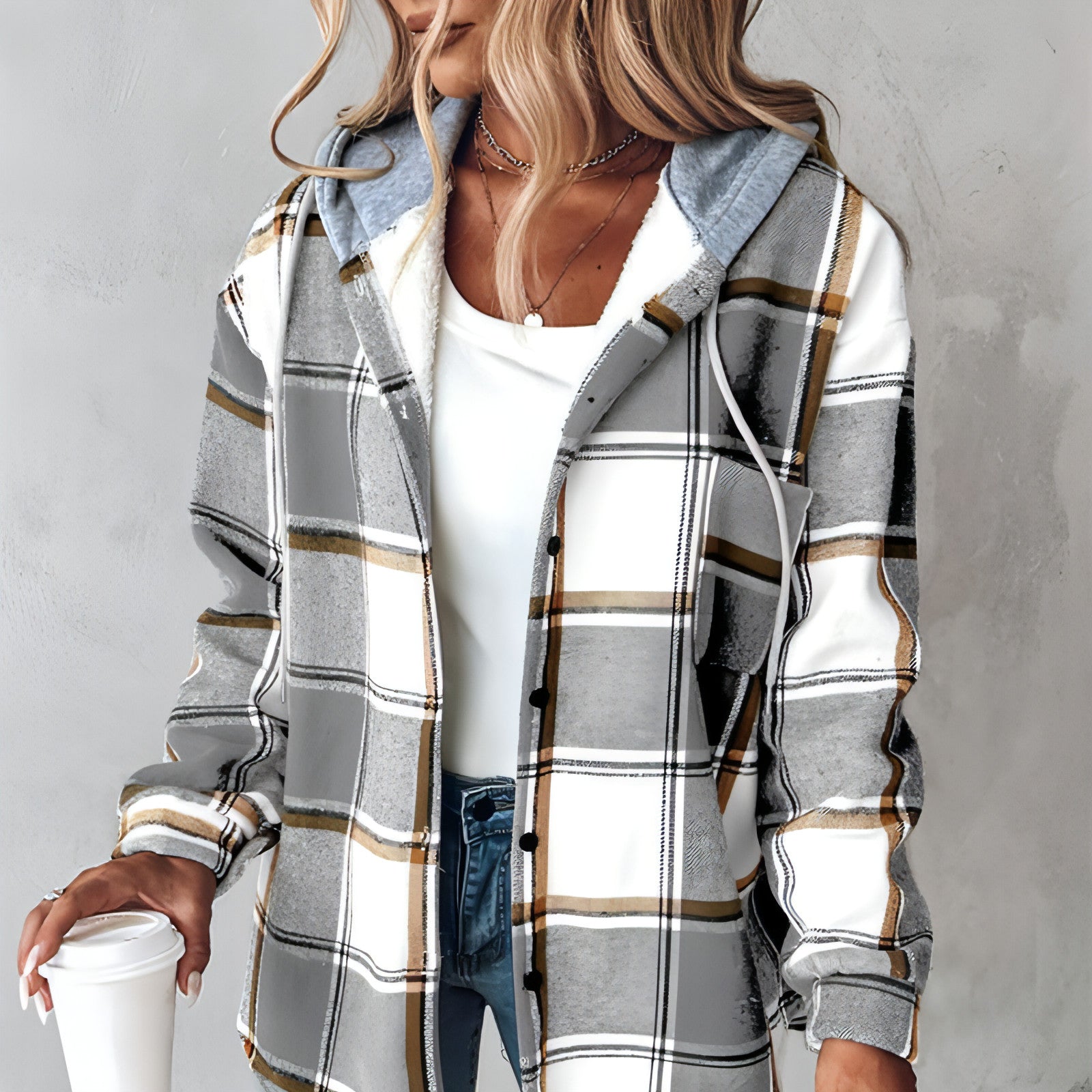 A stylish Women's Wear Solid Color Plaid Hooded Jacket featuring a trendy hood and eye-catching plaid pattern, perfect for casual and outdoor wear.
