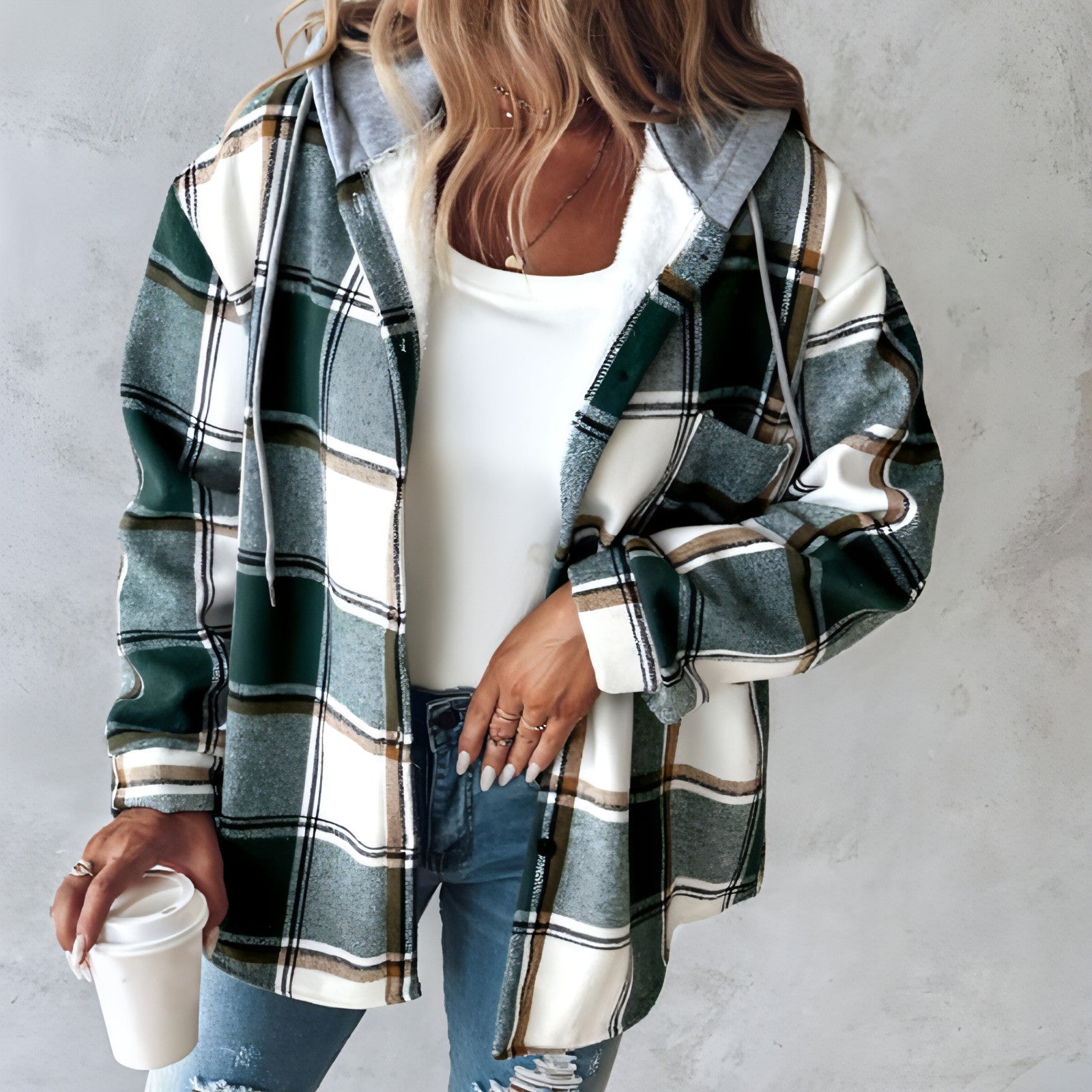 A stylish Women's Wear Solid Color Plaid Hooded Jacket featuring a trendy hood and eye-catching plaid pattern, perfect for casual and outdoor wear.