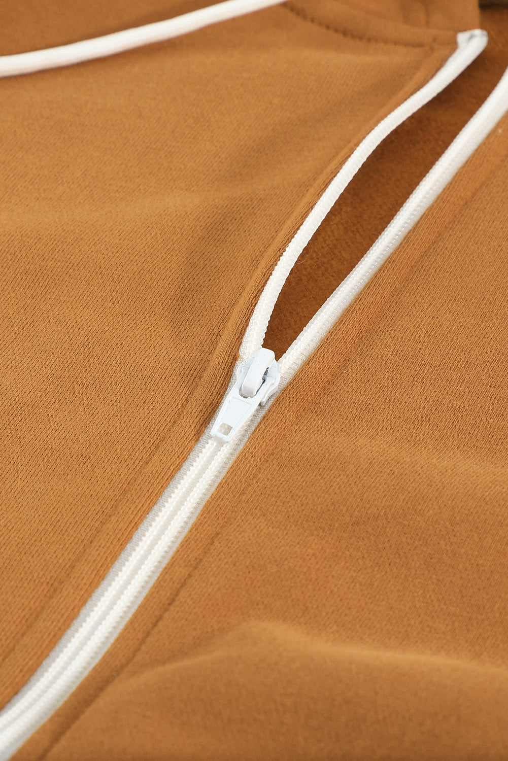 A stylish brown zip-up hoodie jacket with pockets and a drawstring hood, perfect for casual wear.