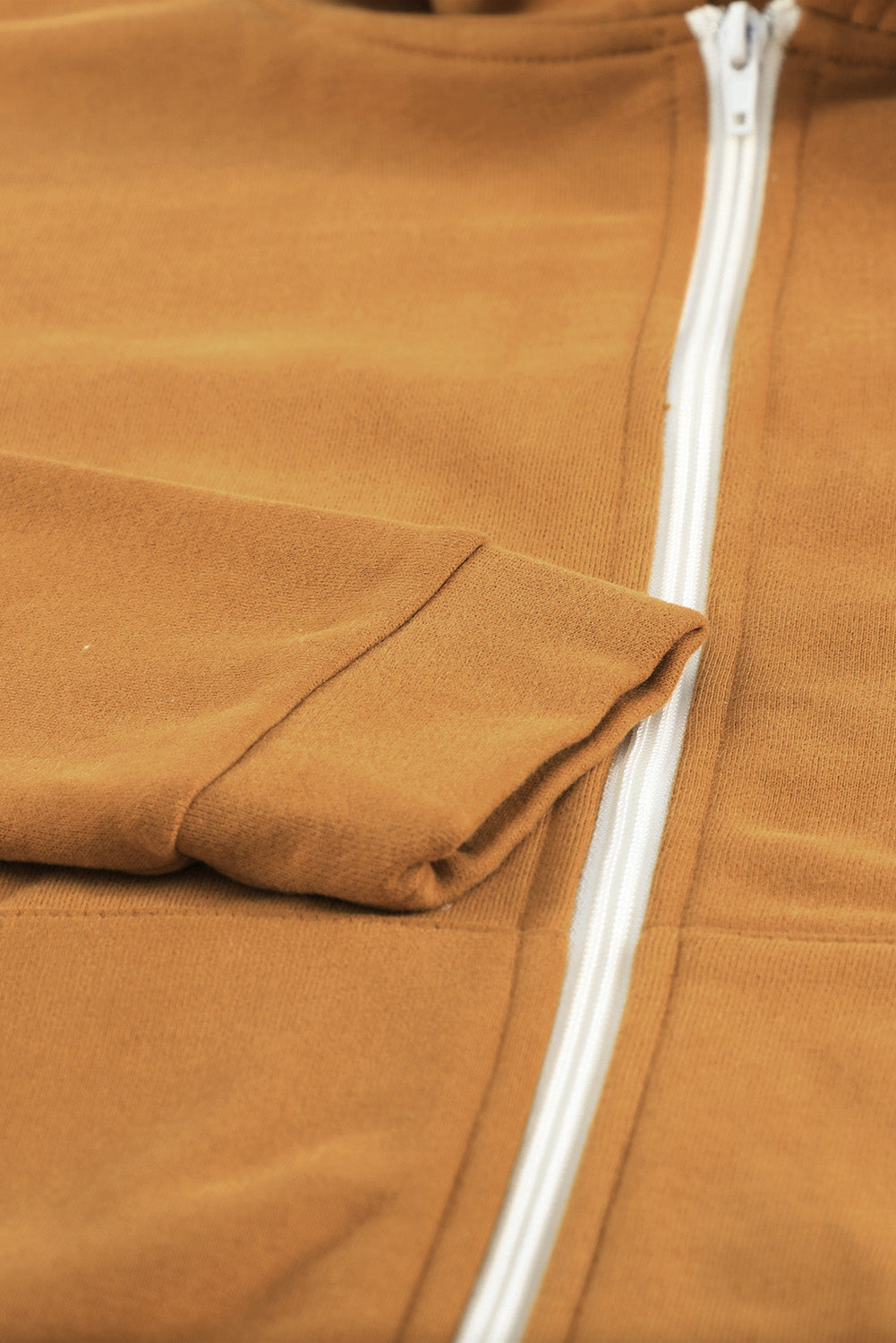 A stylish brown zip-up hoodie jacket with pockets and a drawstring hood, perfect for casual wear.