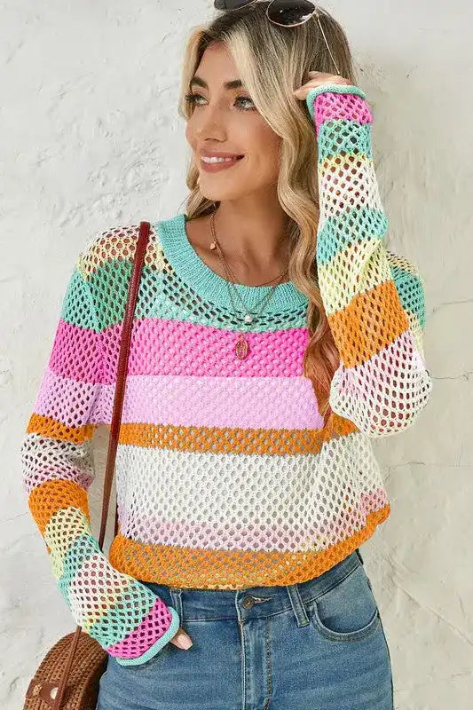 Main Colorblock Striped Hollow Knitted Top image