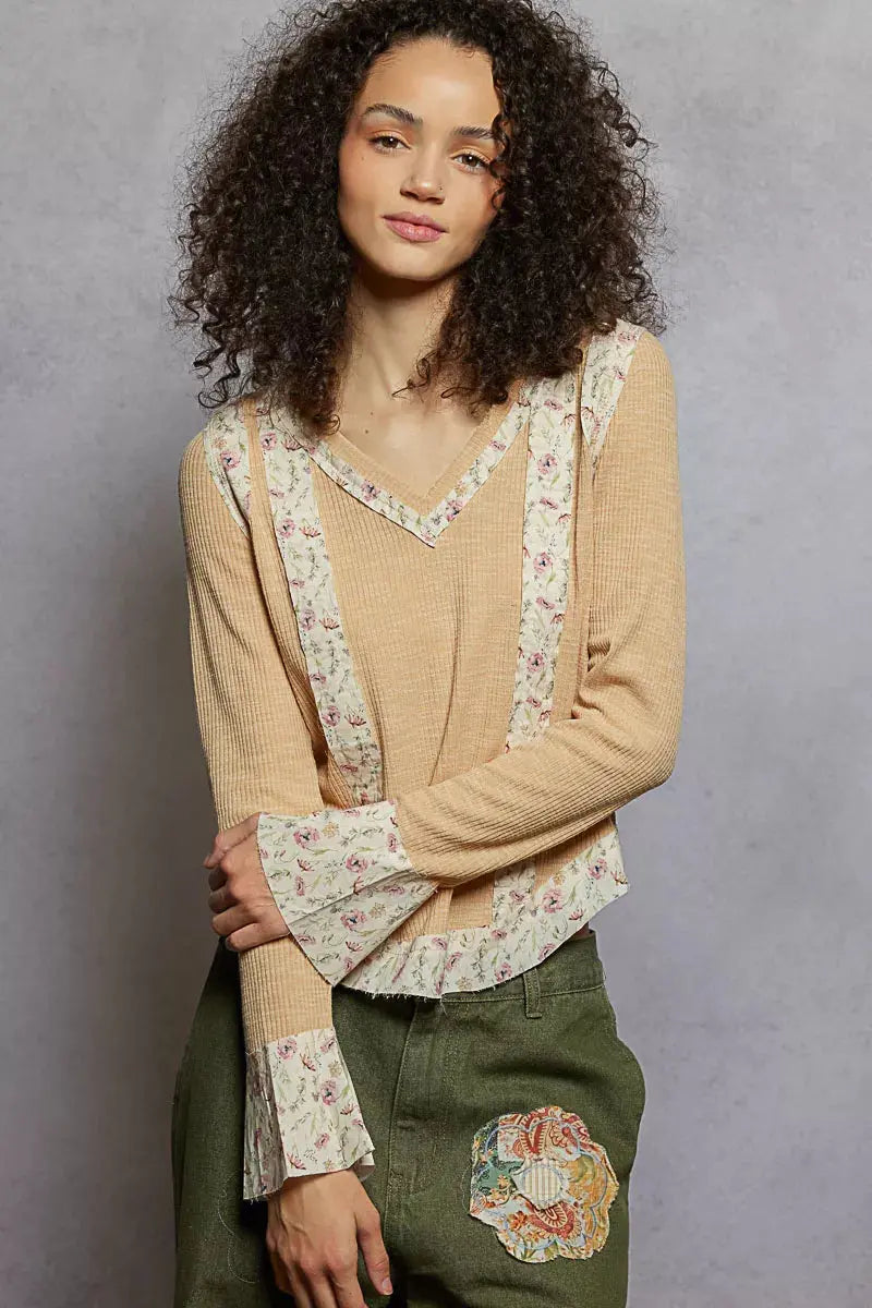 Main POL Floral Patch V-Neck Long Sleeve Ribbed Top image