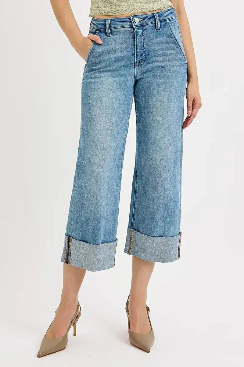 Main RISEN Tummy Control High Rise Ankle Wide Cuffed Jeans image