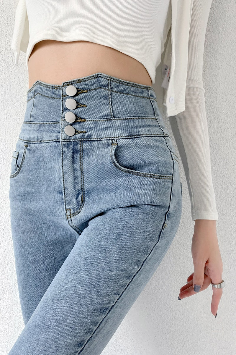 Skinny Pencil Jeans with Four Buttons, featuring a vintage high waist design and light wash finish, perfect for stylish women.