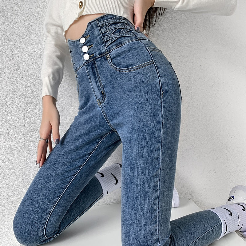 Skinny Pencil Jeans with Four Buttons, featuring a vintage high waist design and light wash finish, perfect for stylish women.