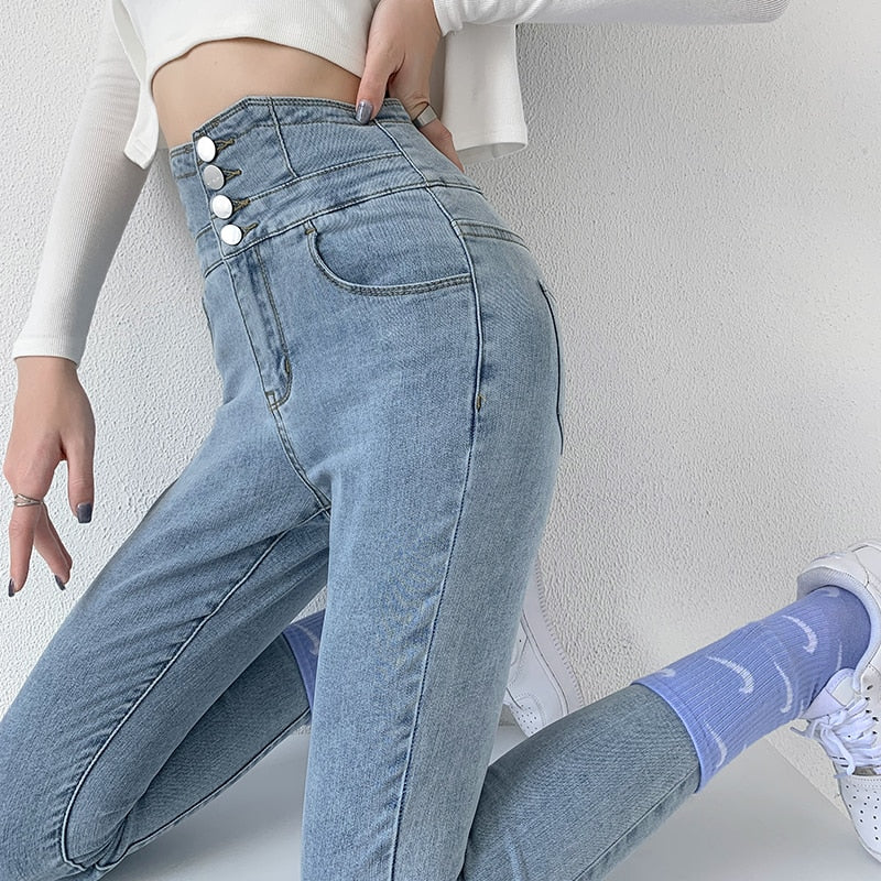 Skinny Pencil Jeans with Four Buttons, featuring a vintage high waist design and light wash finish, perfect for stylish women.