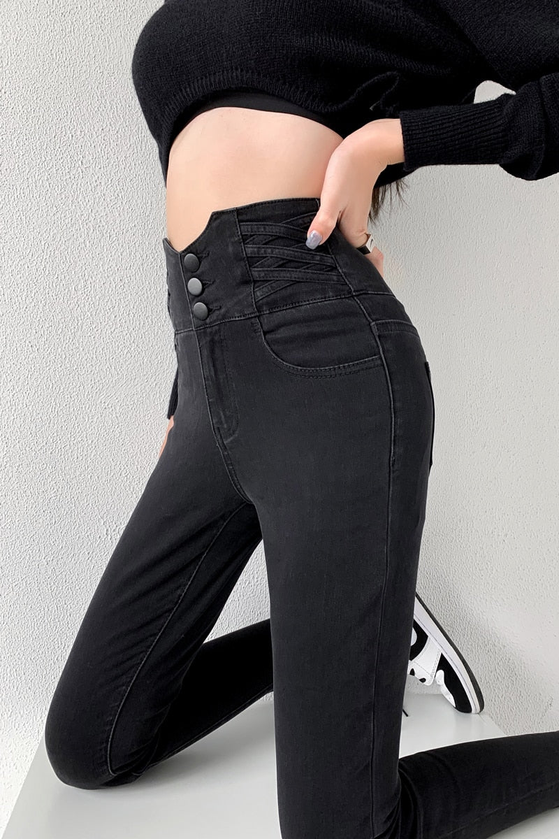 Skinny Pencil Jeans with Four Buttons, featuring a vintage high waist design and light wash finish, perfect for stylish women.