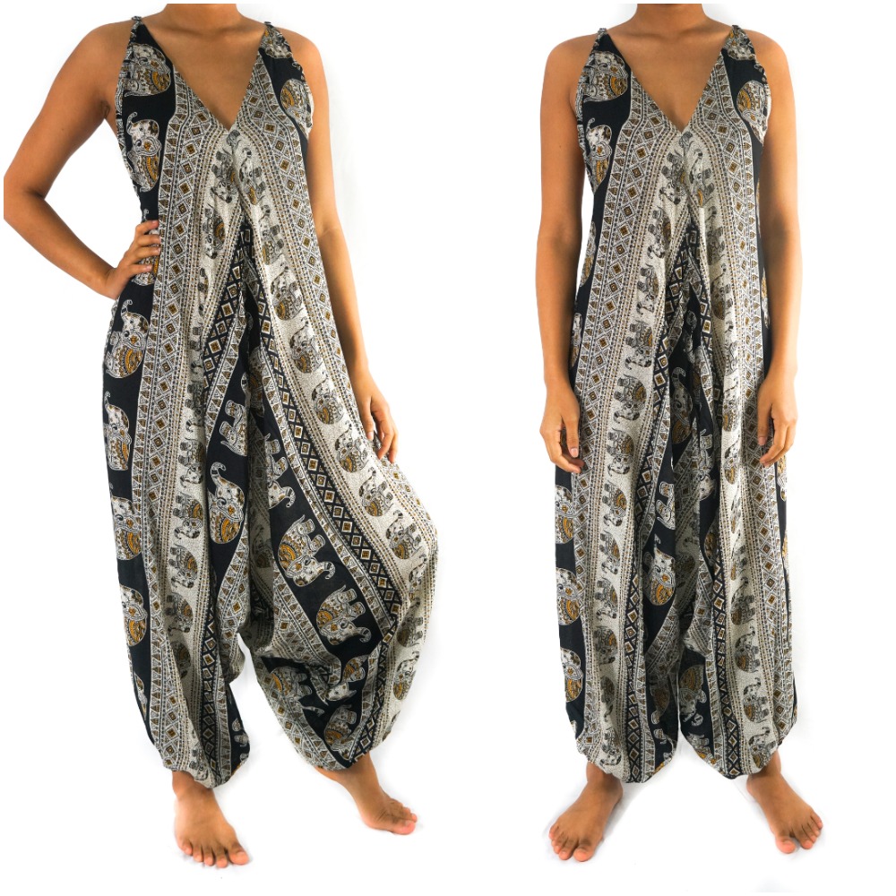 Black Elephant Boho Hippie Jumpsuit featuring wide legs, adjustable straps, and vibrant patterns, perfect for summer festivals and beach outings.
