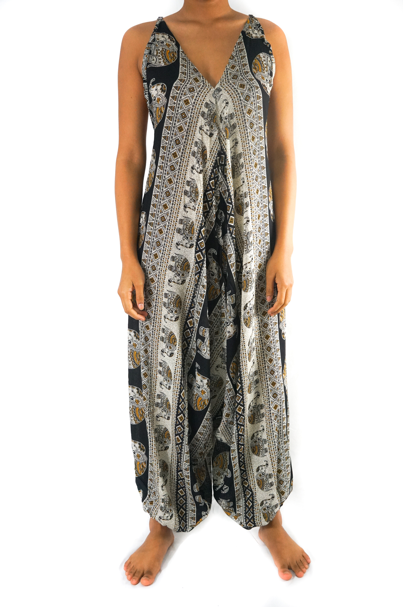 Black Elephant Boho Hippie Jumpsuit featuring wide legs, adjustable straps, and vibrant patterns, perfect for summer festivals and beach outings.