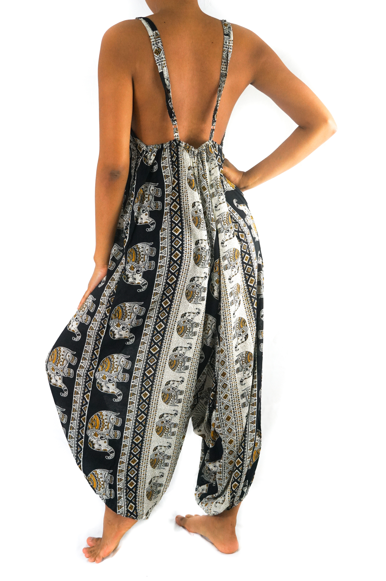Black Elephant Boho Hippie Jumpsuit featuring wide legs, adjustable straps, and vibrant patterns, perfect for summer festivals and beach outings.