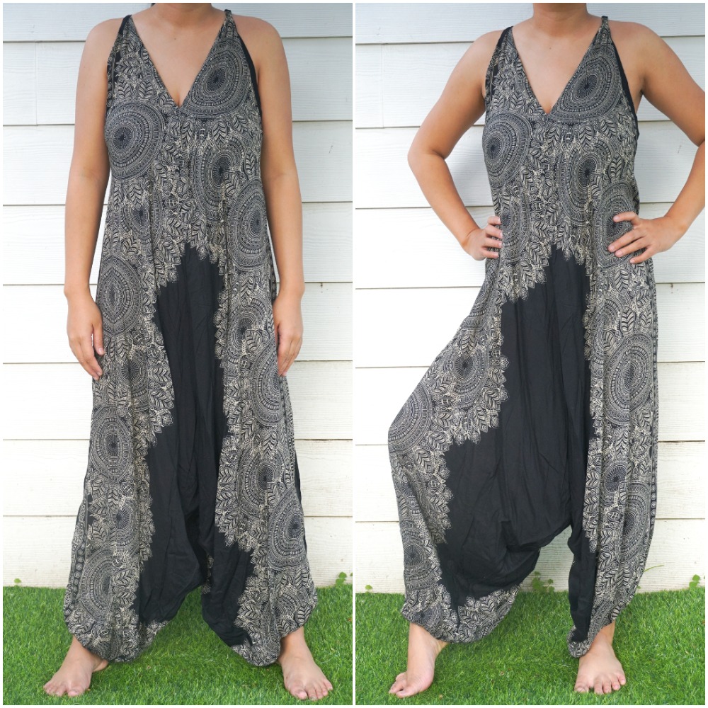 Black Lotus Boho Hippie Jumpsuit featuring wide legs, adjustable straps, and elasticated back, made from soft breathable rayon fabric.