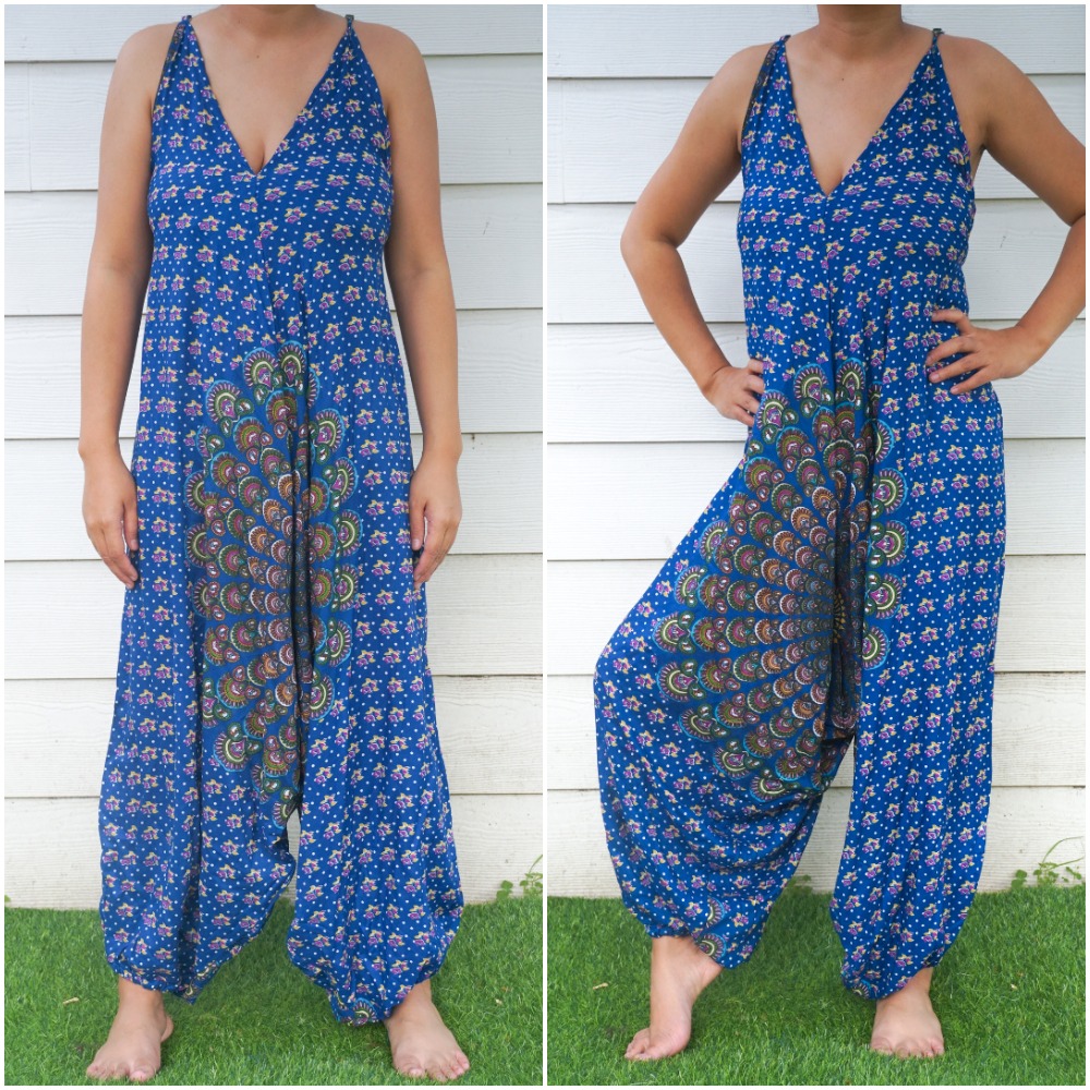 A vibrant Blue Chakra Hippie Jumpsuit featuring wide legs, adjustable straps, and an elasticated back, perfect for summer festivals and beach outings.
