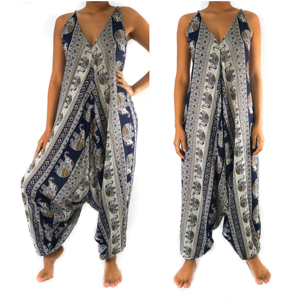 Blue Elephant Boho Hippie Jumpsuit Romper featuring adjustable straps, wide legs, and elasticated back, made from soft breathable rayon fabric.