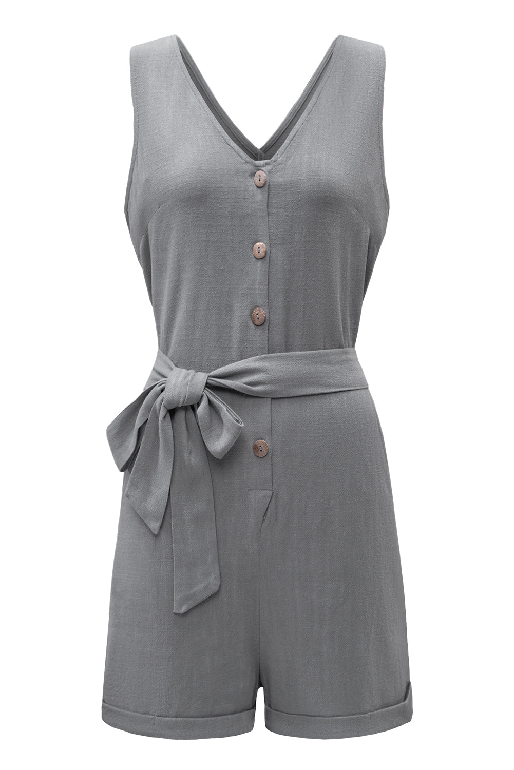 Casual gray sleeveless romper featuring a v-neck, button details, and a stylish waist belt, perfect for summer outings.