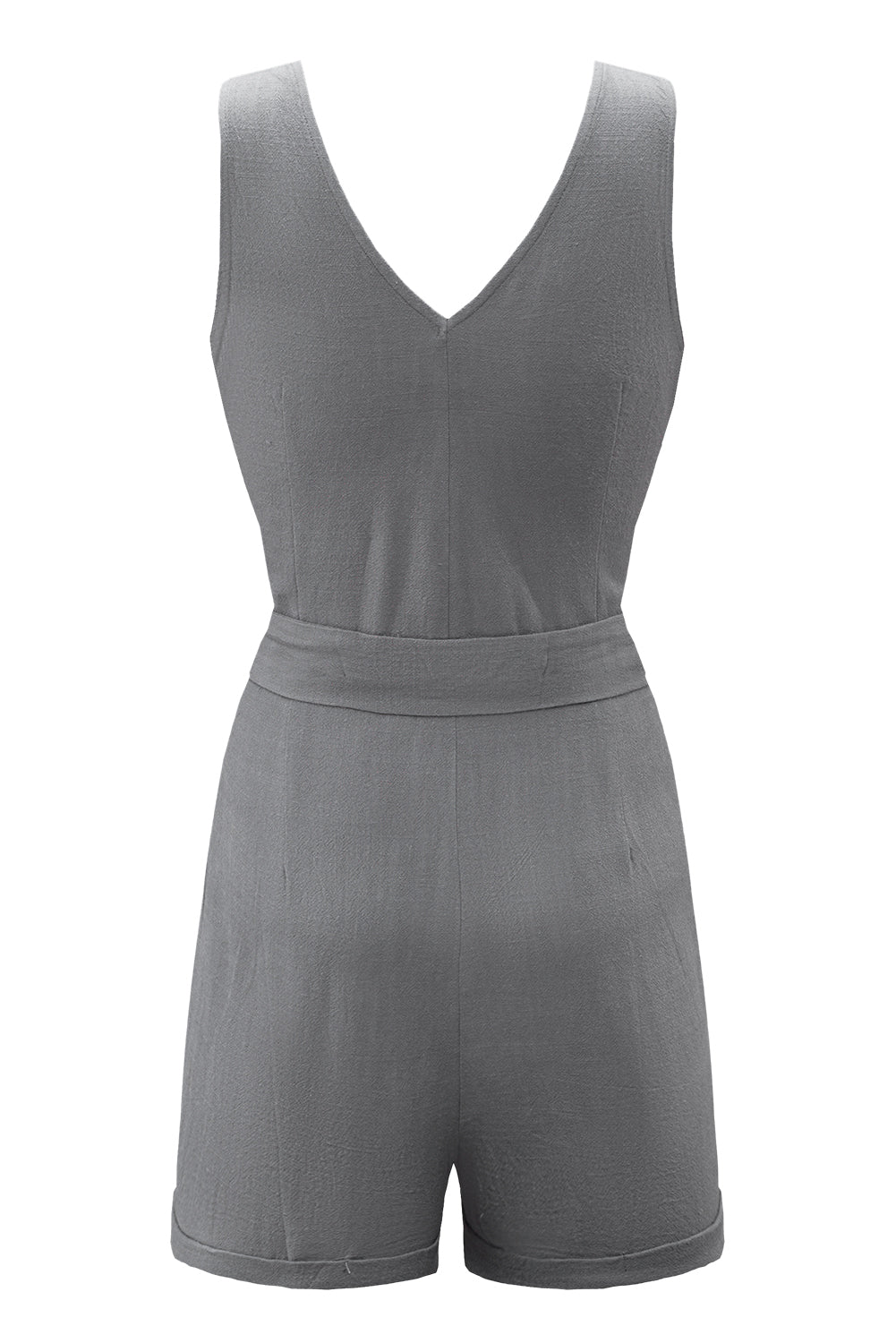 Casual gray sleeveless romper featuring a v-neck, button details, and a stylish waist belt, perfect for summer outings.