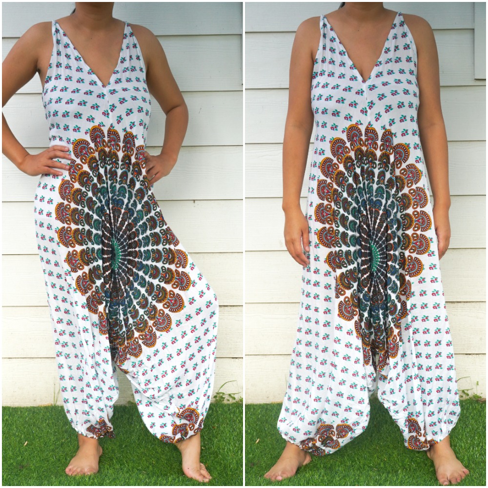 A vibrant Chakra Hippie Jumpsuit featuring a boho design with wide legs, adjustable straps, and elasticated ankles, perfect for summer festivals.