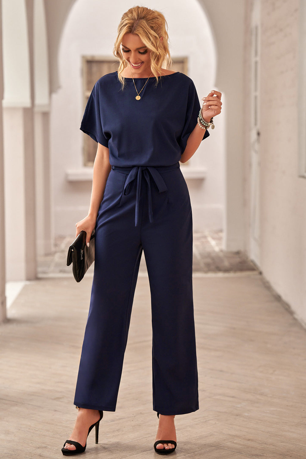 Chic Blue Oh So Glam Belted Wide Leg Jumpsuit featuring batwing sleeves and a tie waist belt, perfect for summer outings.