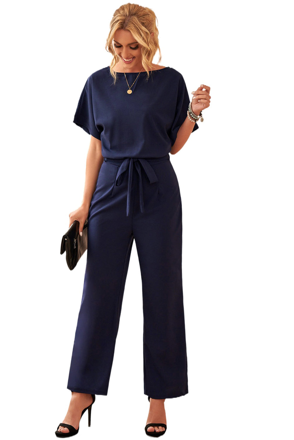 Chic Blue Oh So Glam Belted Wide Leg Jumpsuit featuring batwing sleeves and a tie waist belt, perfect for summer outings.
