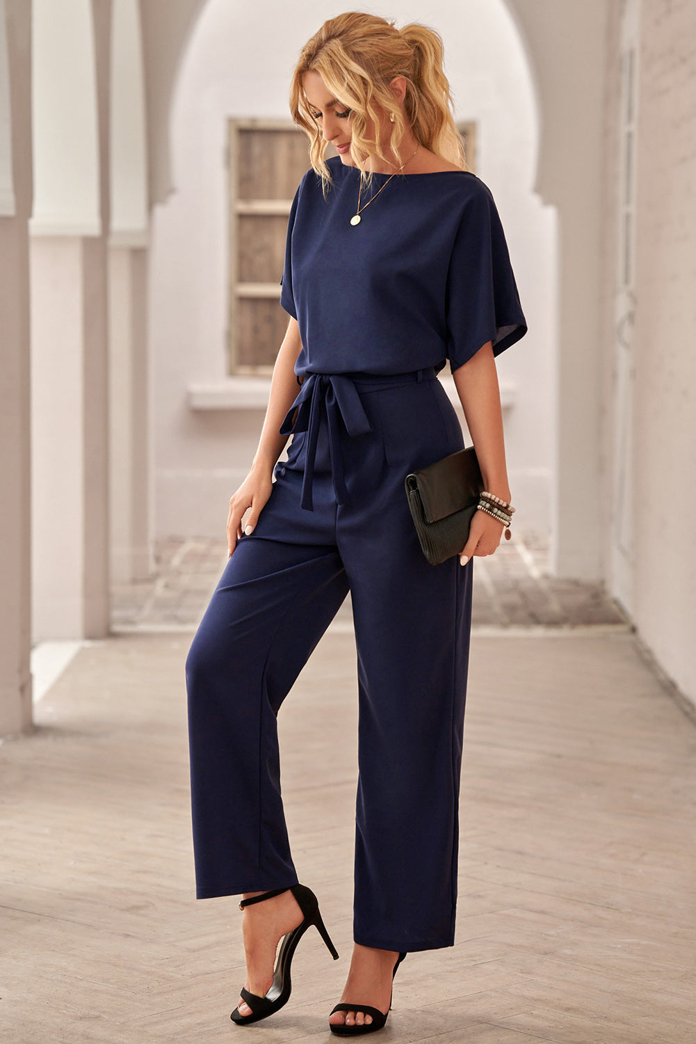 Chic Blue Oh So Glam Belted Wide Leg Jumpsuit featuring batwing sleeves and a tie waist belt, perfect for summer outings.