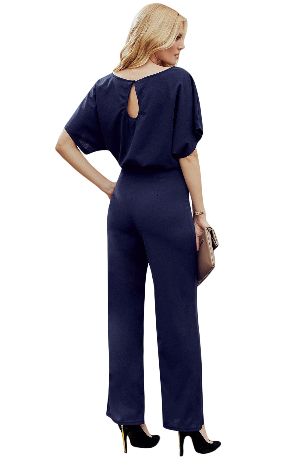 Chic Blue Oh So Glam Belted Wide Leg Jumpsuit featuring batwing sleeves and a tie waist belt, perfect for summer outings.