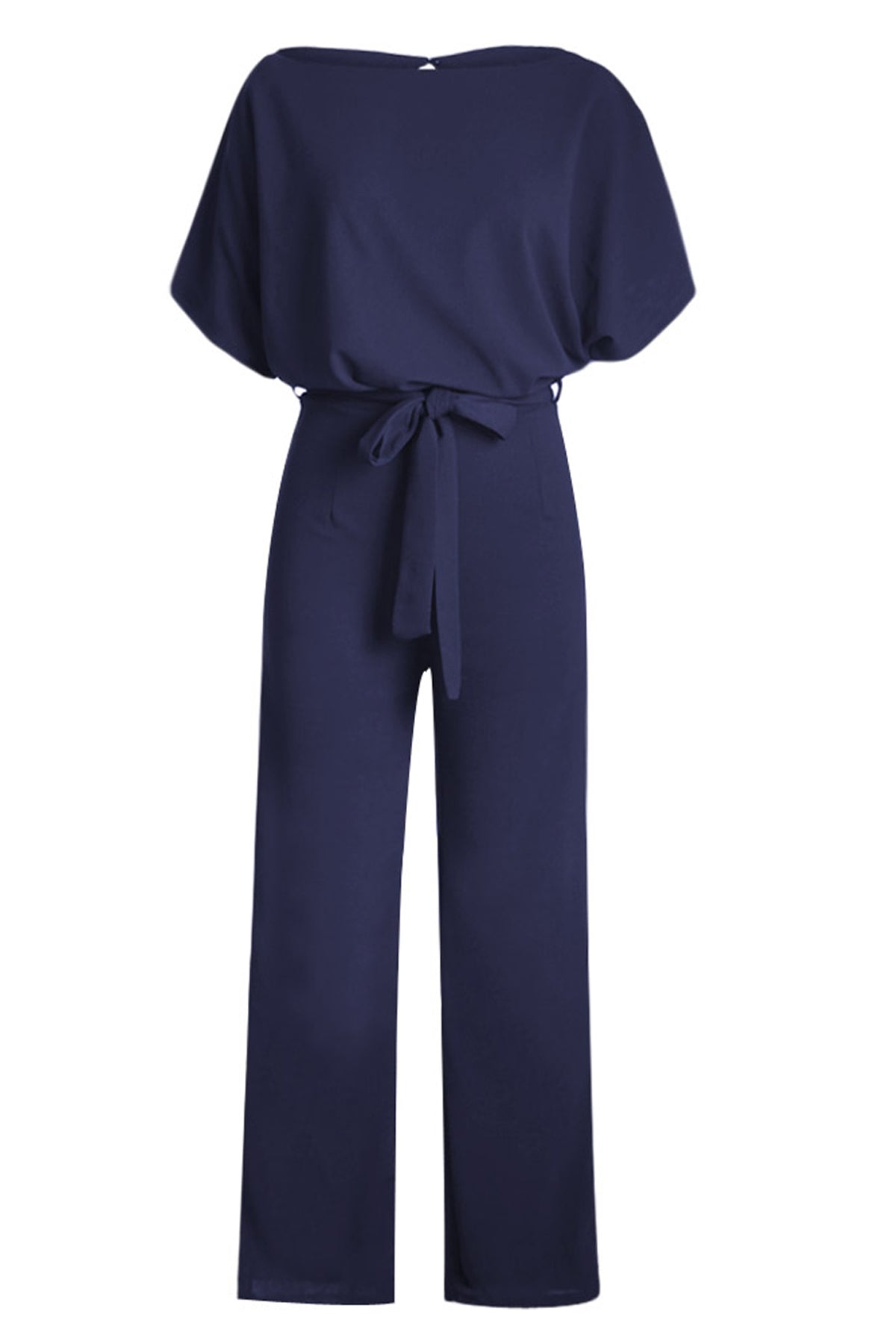 Chic Blue Oh So Glam Belted Wide Leg Jumpsuit featuring batwing sleeves and a tie waist belt, perfect for summer outings.