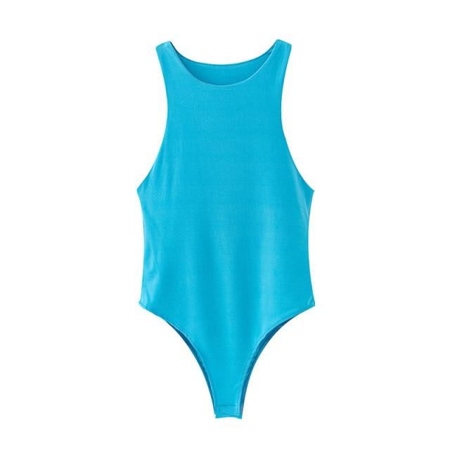 O Neck Summer Sleeveless Bodysuit in solid color, showcasing a stylish and flattering design perfect for summer wear.