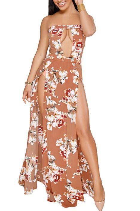 A stylish orange floral cutout strapless jumpsuit with slit legs, perfect for summer occasions, showcasing a modern-chic design.