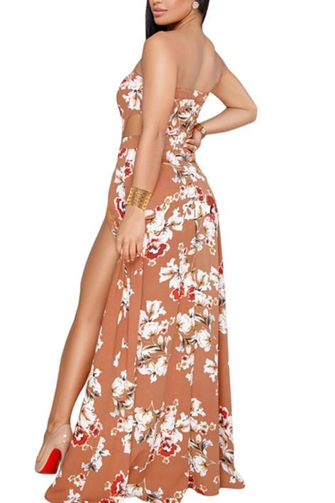 A stylish orange floral cutout strapless jumpsuit with slit legs, perfect for summer occasions, showcasing a modern-chic design.