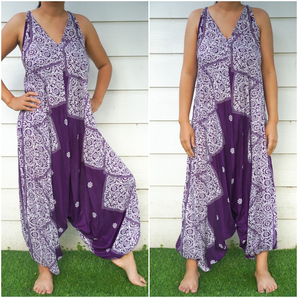 Purple Lotus Hippie Jumpsuit featuring a boho design with wide legs, adjustable straps, and vibrant patterns, perfect for summer festivals.