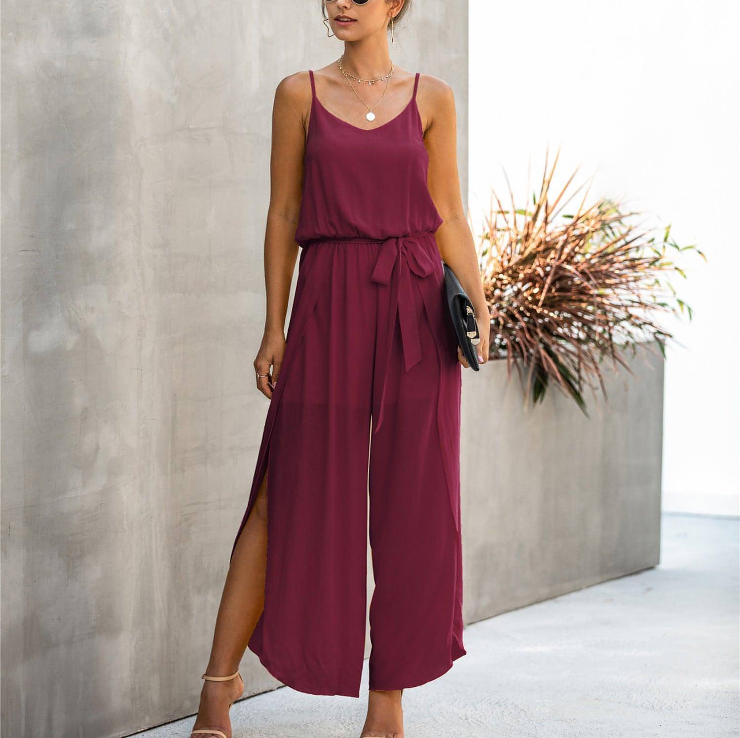 A stylish side split female jumpsuit showcasing elegance and comfort, perfect for various occasions.