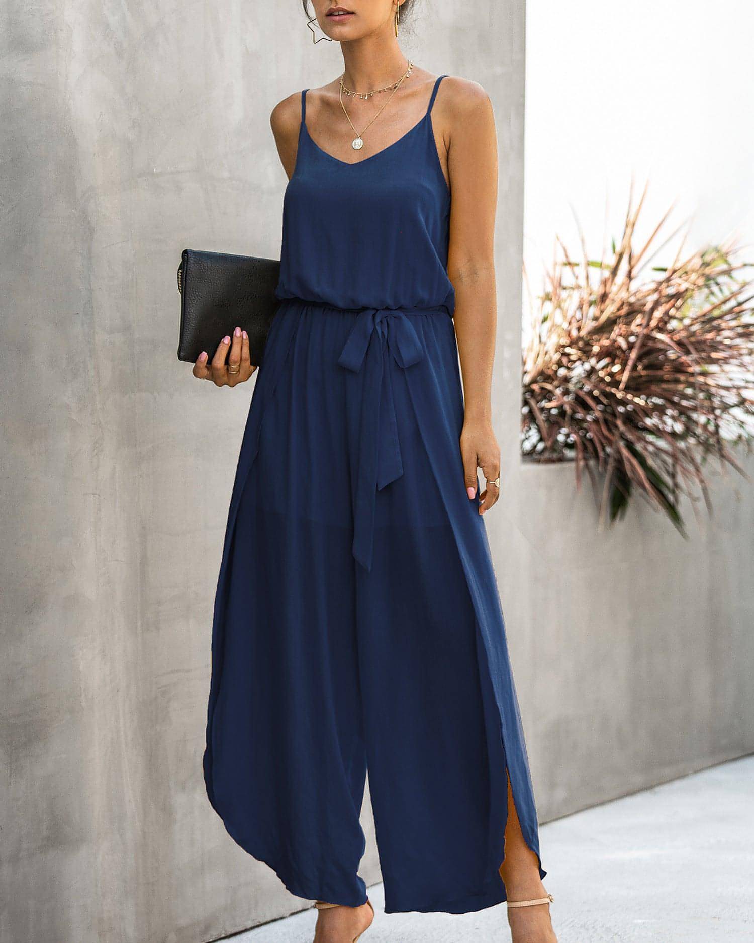 A stylish side split female jumpsuit showcasing elegance and comfort, perfect for various occasions.