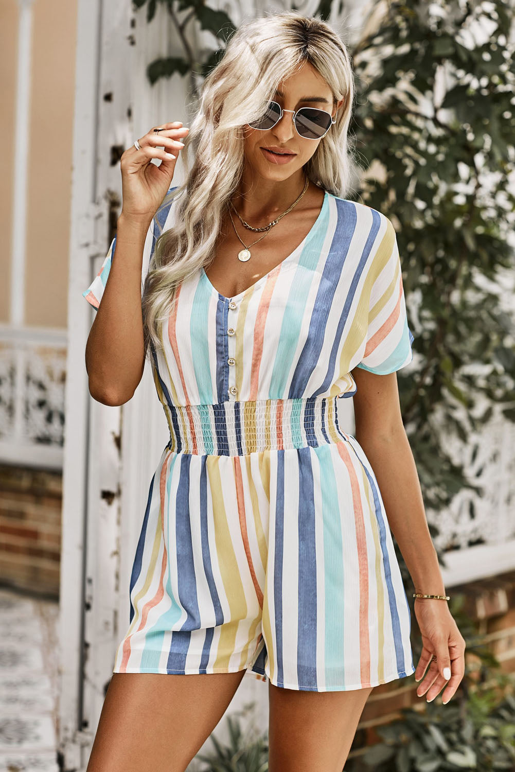 A stylish Summer Striped Print V-neck Button Romper featuring a multicolor striped pattern, short sleeves, and a buttoned front detail, perfect for summer outings.