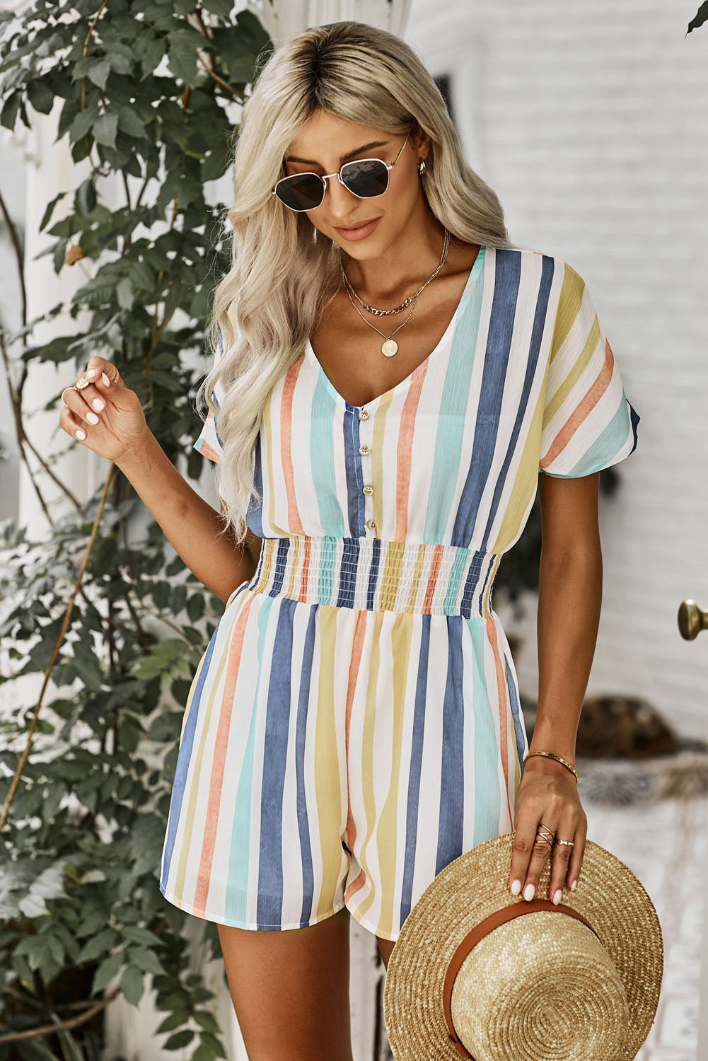 A stylish Summer Striped Print V-neck Button Romper featuring a multicolor striped pattern, short sleeves, and a buttoned front detail, perfect for summer outings.
