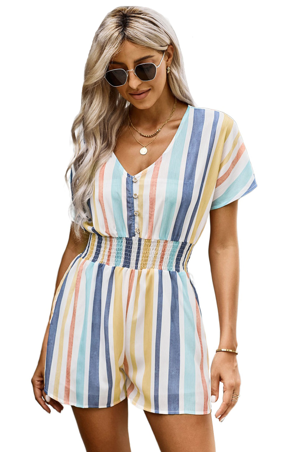 A stylish Summer Striped Print V-neck Button Romper featuring a multicolor striped pattern, short sleeves, and a buttoned front detail, perfect for summer outings.