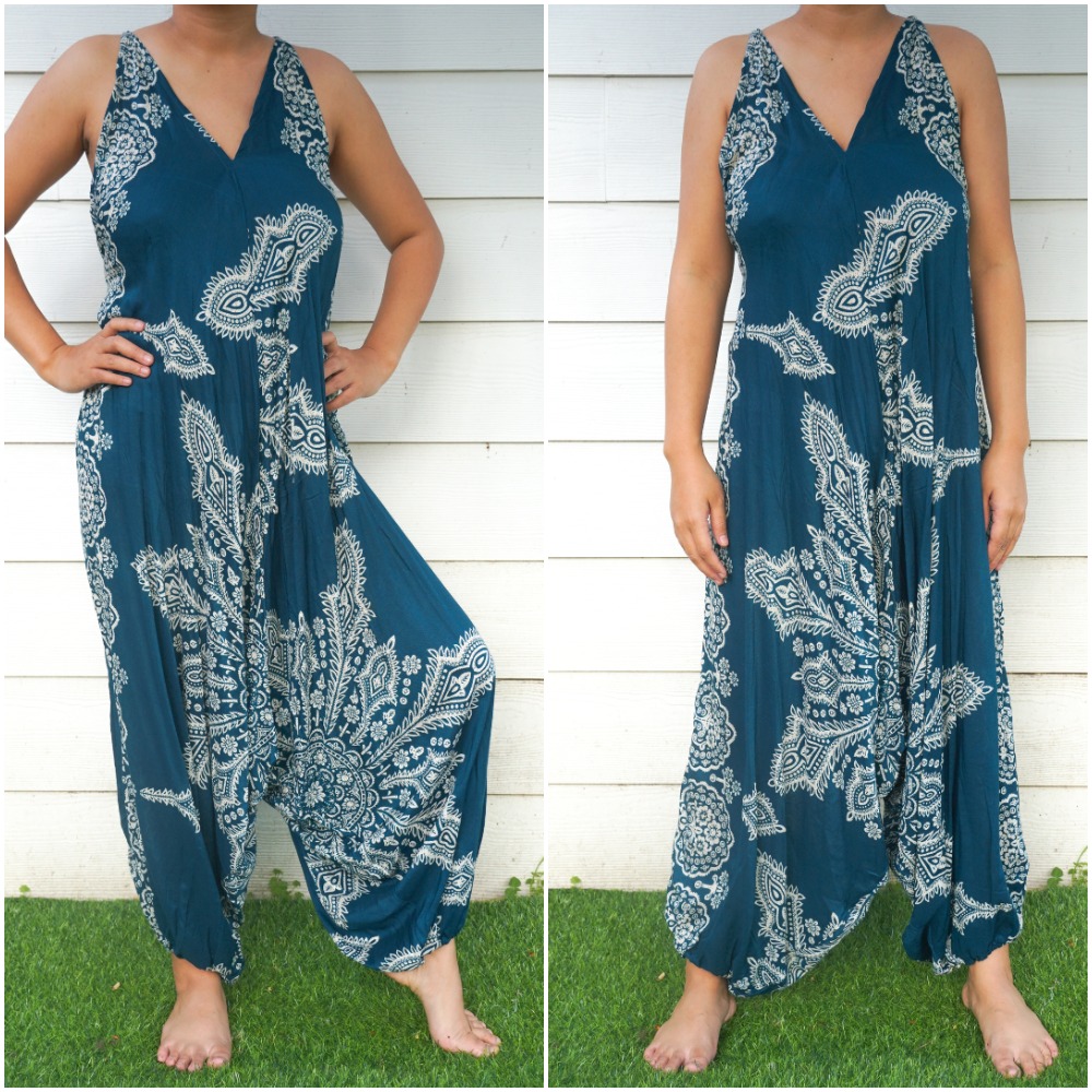 Teal Butterfly Hippie Jumpsuit featuring vibrant patterns, adjustable straps, and wide legs, perfect for summer festivals and casual outings.